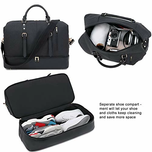 Canvas Overnight Bag Oversized Travel Duffel Leather For Men And Women Weekender Tote (Black-D) 9 Canvas Overnight Bag Oversized Travel Duffel Leather For Men And Women Weekender Tote (Black-D) - Image 7