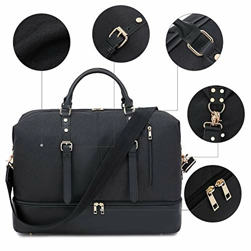 Canvas Overnight Bag Oversized Travel Duffel Leather For Men And Women Weekender Tote (Black-D) 6 Canvas Overnight Bag Oversized Travel Duffel Leather For Men And Women Weekender Tote (Black-D) - Image 4