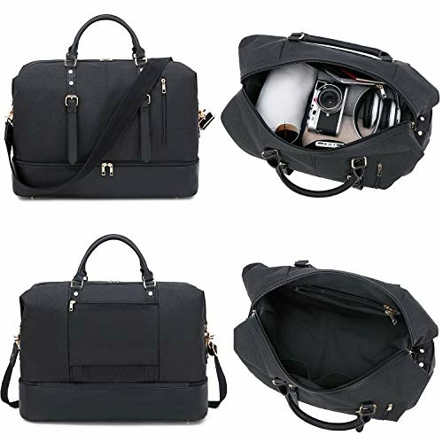 Canvas Overnight Bag Oversized Travel Duffel Leather For Men And Women Weekender Tote (Black-D) 7 Canvas Overnight Bag Oversized Travel Duffel Leather For Men And Women Weekender Tote (Black-D) - Image 5