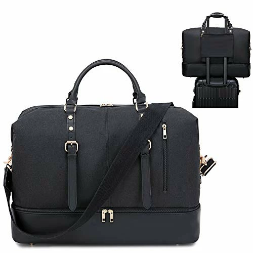 Canvas Overnight Bag Oversized Travel Duffel Leather For Men And Women Weekender Tote (Black-D) 10 Canvas Overnight Bag Oversized Travel Duffel Leather For Men And Women Weekender Tote (Black-D) - Image 8