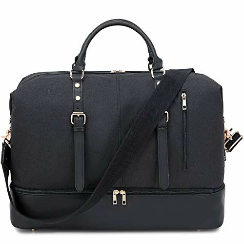 Canvas Overnight Bag Oversized Travel Duffel Leather For Men And Women Weekender Tote (Black-D) 4 Canvas Overnight Bag Oversized Travel Duffel Leather For Men And Women Weekender Tote (Black-D) - Image 2
