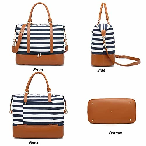 Womens Travel Weekend Bag Canvas Overnight Carry On Shoulder Duffel Beach Tote Bag (Blue Stripe With Shoe Compartment) 4 Womens Travel Weekend Bag Canvas Overnight Carry On Shoulder Duffel Beach Tote Bag (Blue Stripe With Shoe Compartment) - Image 2