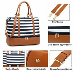 Womens Travel Weekend Bag Canvas Overnight Carry On Shoulder Duffel Beach Tote Bag (Blue Stripe With Shoe Compartment) 11 Womens Travel Weekend Bag Canvas Overnight Carry On Shoulder Duffel Beach Tote Bag (Blue Stripe With Shoe Compartment) -LUGGAGE FACTORY Sales 510fbiFblNL
