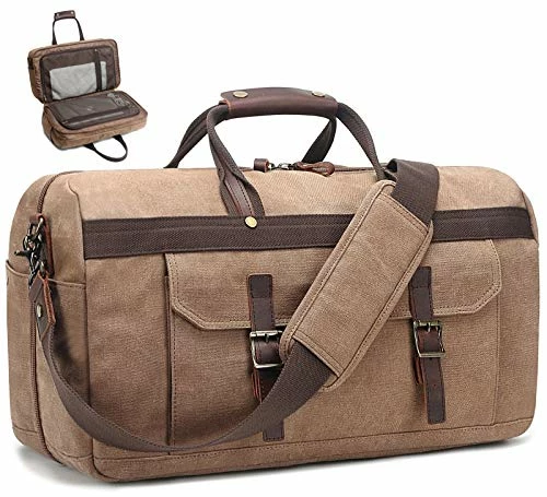 Duffle Bag For Men Waterproof Genuine Leather Canvas Travel Duffel Bags For Women Overnight Weekender Bag For Traveling, Brown 3 Duffle Bag For Men Waterproof Genuine Leather Canvas Travel Duffel Bags For Women Overnight Weekender Bag For Traveling, Brown