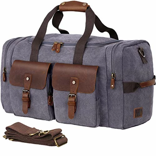 WOWBOX Duffle Bag Weekender Duffel Bag For Men And Women Genuine Leather Canvas Travel Overnight Carry On Bag With Shoes Compartment Grey 3 WOWBOX Duffle Bag Weekender Duffel Bag For Men And Women Genuine Leather Canvas Travel Overnight Carry On Bag With Shoes Compartment Grey