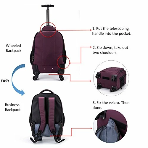 Racini Nylon Waterproof Rolling Backpack, Freewheel Travel Wheeled Backpack, Carry-on Luggage With Anti-Theft Zippers(Purple) 7 Racini Nylon Waterproof Rolling Backpack, Freewheel Travel Wheeled Backpack, Carry-on Luggage With Anti-Theft Zippers(Purple) - Image 5