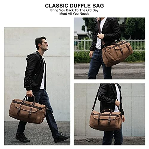 Duffle Bag For Men Waterproof Genuine Leather Canvas Travel Duffel Bags For Women Overnight Weekender Bag For Traveling, Brown 5 Duffle Bag For Men Waterproof Genuine Leather Canvas Travel Duffel Bags For Women Overnight Weekender Bag For Traveling, Brown - Image 3