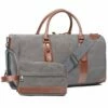 Oflamn Large Duffle Bag Canvas Leather Weekender Overnight Travel Carry On Tote Bag With Shoe Compartment And Toiletry Bag (Grey)
