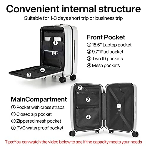 Hanke Upgrade Carry On Luggage With Front Laptop Pocket, 20'' PC Hard Case Suitcases With Spinner Wheels & TSA Lock,Rolling Luggage For Business Travel And Short Trip(Grayish White) 5 Hanke Upgrade Carry On Luggage With Front Laptop Pocket, 20'' PC Hard Case Suitcases With Spinner Wheels & TSA Lock,Rolling Luggage For Business Travel And Short Trip(Grayish White) - Image 4