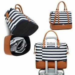 Womens Travel Weekend Bag Canvas Overnight Carry On Shoulder Duffel Beach Tote Bag (Blue Stripe With Shoe Compartment) 15 Womens Travel Weekend Bag Canvas Overnight Carry On Shoulder Duffel Beach Tote Bag (Blue Stripe With Shoe Compartment) -LUGGAGE FACTORY Sales 51jKc1DqxtL