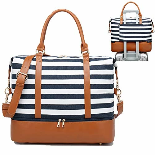 Womens Travel Weekend Bag Canvas Overnight Carry On Shoulder Duffel Beach Tote Bag (Blue Stripe With Shoe Compartment) 3 Womens Travel Weekend Bag Canvas Overnight Carry On Shoulder Duffel Beach Tote Bag (Blue Stripe With Shoe Compartment)